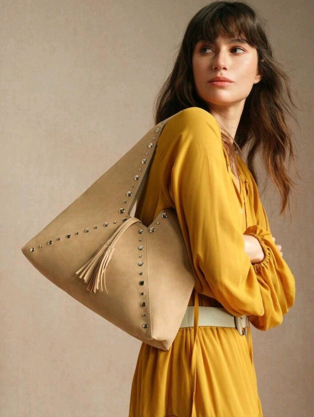 Woman Tote Bag Purse Western Beige Slouchy Boho One Handle Stads Tassel Snap
